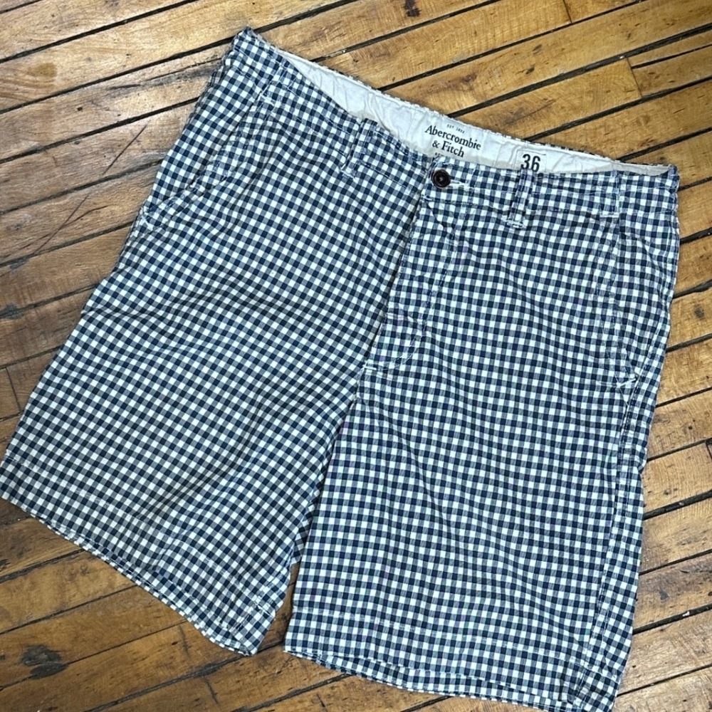 A&F Y2K Mens Blue White Checked Gingham Cotton Shorts Size 36 Navy White Preppy